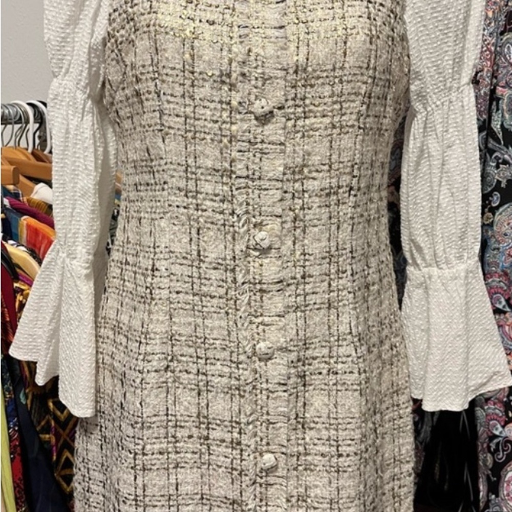 Les LIs Chic Tweed Long Sleeve Dress in Cream and Black